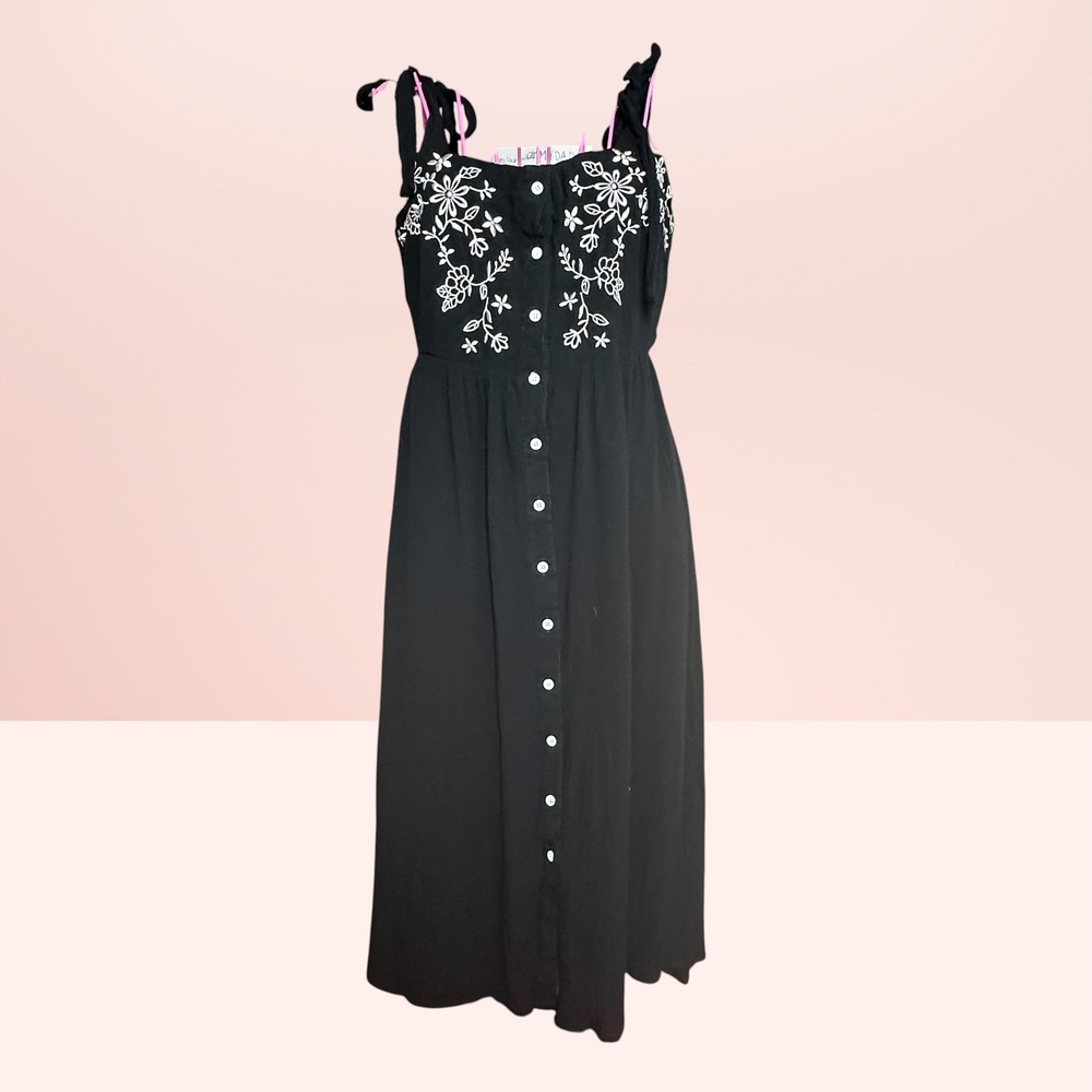 Forever‎ 21 Floral Embroidered Button Down Midi Dress Cottagecore Boho Black S